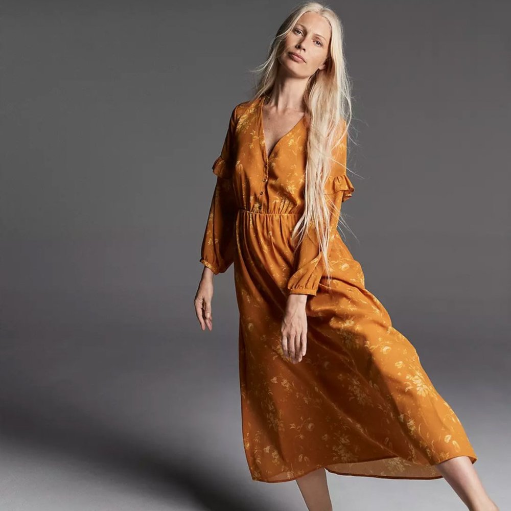 Ruffle-Sleeve Button-Front Dress in Tonal Botanical